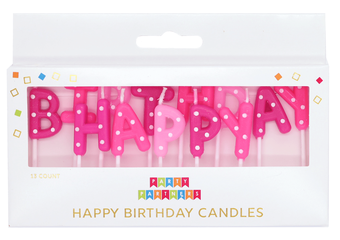 Pink dotted birthday candles from Party Partners candle set, perfect for celebrating with colorful party candles.